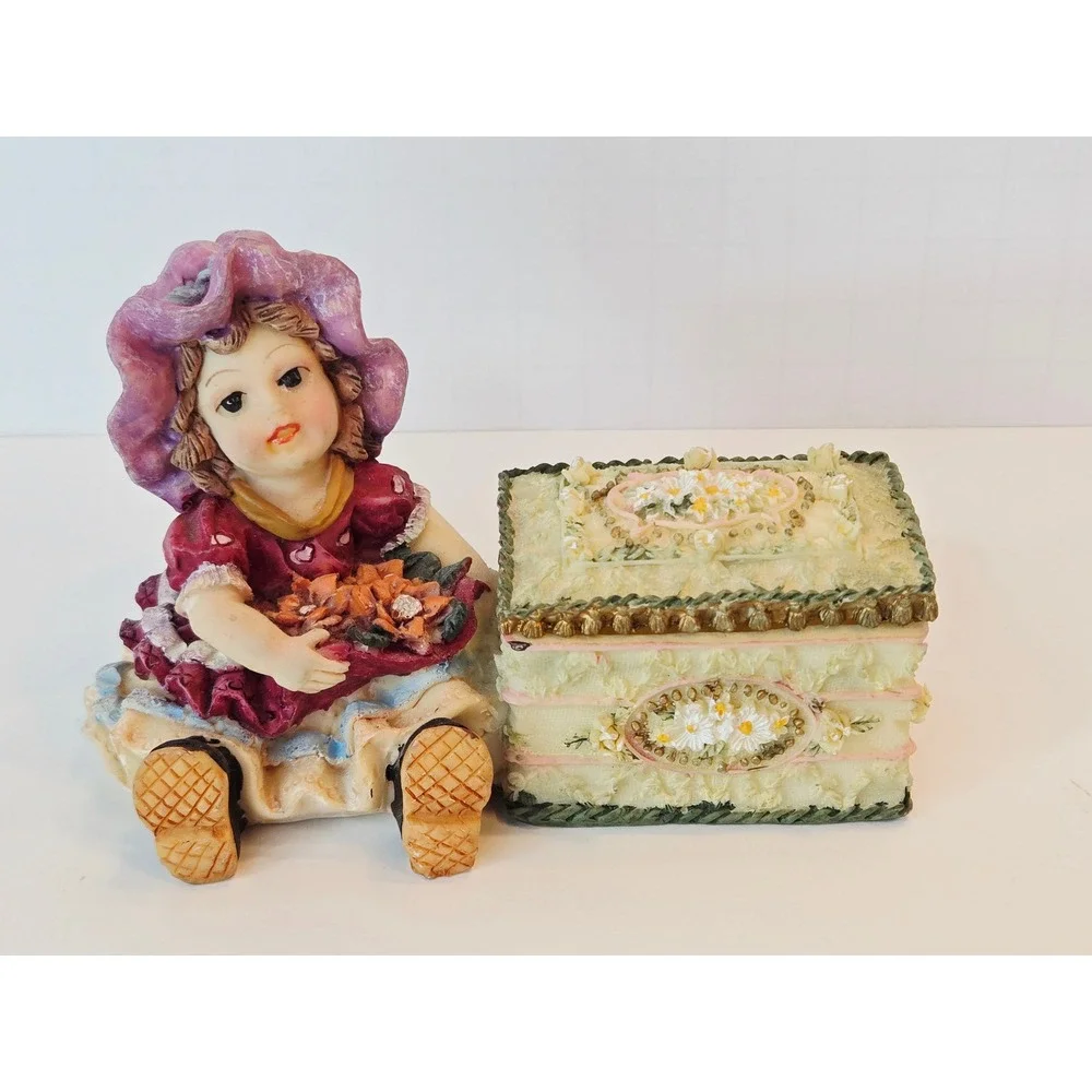 Vintage Style Girl Figurine with Floral Hinged Trinket Box-Cottagecore